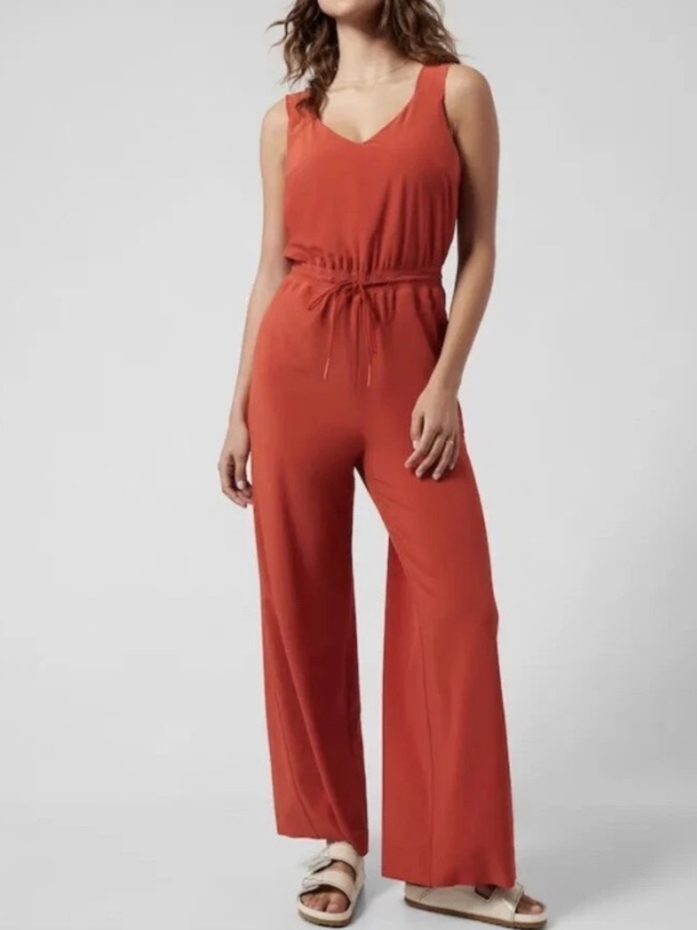 Athleta Savannah Jumpsuit Rust Orange/Currant Red Sleeveless Wide Leg NEW